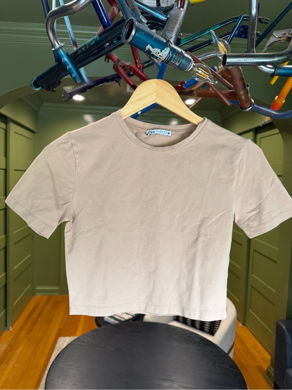 Zara Beige Short Sleeve Crewneck Crop Top